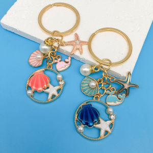 1pc Shell Starfish Alloy Enamel Keychain Pendant Girls Bag Pearl Key Chain Whale Shape Key Ring Ocean Series Key Ring Ornament