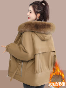 Womens Short Thickened Fleece Lined Cotton Jacket Casual Style Zipper Closure Hooded Coat Long Sleeve Straight Cut Fit
