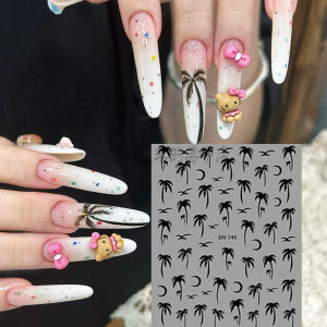 Cute Black Kitty Coconut Tree Nail Art Stickers Ocean Vacation Style Sunset Seagull Dopaamine Nail Decals Any Skin Type