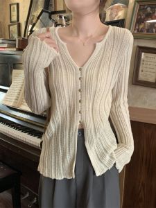 Long Sleeve V-Neck Ice Silk Knitted Top Women Early Autumn Open Split Cover up Lightweight Summer Sun Protection Shirt Thin Style