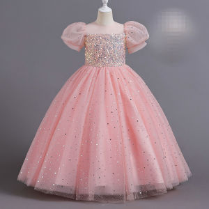 Princess Dress For Girls Wedding Piano Evening Performance Costume Puff Sleeve Mesh Flower Sequins Kid Dresses Angel Gown