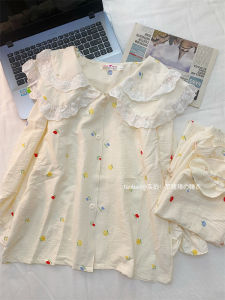 ฤดูใบไม้ผลิ ฤดูใบไม้ร่วง Cloud ผ้าฝ้าย ตุ๊กตา ปกเสื้อ แขนยาว ชุดนอน ผู้หญิง ชุดอยู่บ้าน หวาน ลายดอกไม้ทูพีซ ชุดสูท