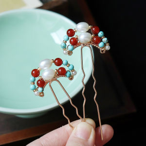 เครื่องประดับผมสไตล์โบราณ เครื่องประดับผมแบบจีนโบราณ ชุดฮันฟู่ สไตล์หมิง ตกแต่งด้วยมุก วัสดุโลหะผสม ไม่ติดทนนาน