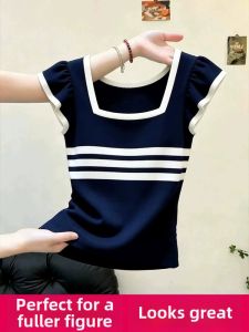 GUIQINGHUAZHI | Elegant Unique College Style Stripe Collarless Slim Fit Big Size Plus MM Thin Blouse