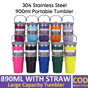 【Custom Name】900ML Tumbler Tahan Sejuk Stainless Steel Insulated Vacuum Flask With Straw Handheld Thermos Cup Hot And Cold Water Bottle