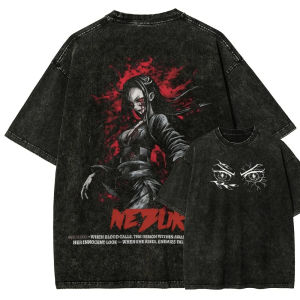 Bandai | Demon Slayer Mens and Womens Washed T-Shirt Nezuko Kamado Summer and Spring Anime Tee Retro Distressed Harajuku Short Sleeve