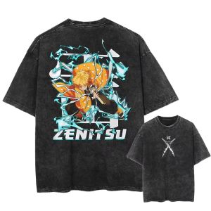 Bandai | Summer New Vintage Wash Demon Slayer Anime Graphic T Shirt Nezuko Print Men Women Cotton Short Sleeve Streetwear Casual Tops