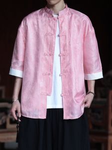 JIARONG | New Chinese Style Ice Silk Short Sleeve Summer Shirt Men Light Cool Mandarin Collar Buttons
