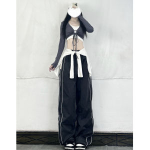 XXBUNI American Retro Street Camouflage Print Multi-Pocket Work Pants Womens Wide Leg Cuffed Straight Leg Trousers