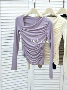 Elegant Slant Collar Mesh Pleated Yoga Long Sleeve Women Slimming Fitness Top with Chest Pad Pilates Gymnastics Uniform