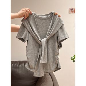 Chic Unique Design Korean Style Short Sleeve T-Shirt Womens Fashionable Versatile Shoulder Shawl Mock Two-Piece Summer Top