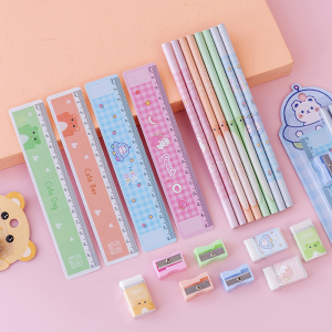 5 Pcs Student Stationery Cartoon Cute Pencil with Eraser Ruler Pencil Sharpener Set Back to School Supplies for Students