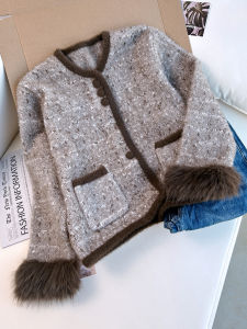 QINGNAER | Elegant & Stylish Mixed Yarn and Fur Blend Sweater Jacket