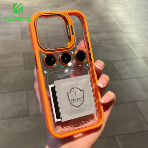 FLOVEME With Metal Lens Ring Protector Stand Clear Phone Case For iPhone 16 15 14 13 12 Pro Max Camera Glass Lens Protection Transparent Acrylic Hard Shockproof Back Cover For iphone 15 14 13 12 11