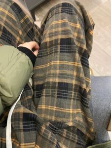 กางเกงขายาวทรงหลวมเอวสูงผ้าขนแกะผสมขนแกะสำหรับผู้หญิงในฤดูใบไม้ร่วงและฤดูหนาว กางเกงขายาวทรงหลวมสีเหลืองลายสก็อต