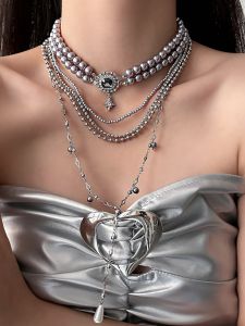 Silver Grey Multi-Layer Pearl Necklace for Women Vintage Luxury Choker Clavicle Chain Accessory Elegant Fashion Jewelry