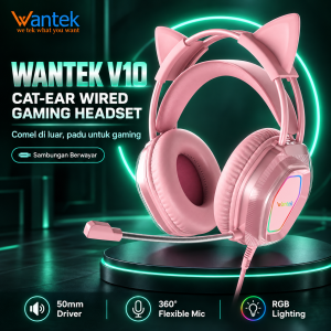 Wantek V10 Cat Ear RGB Wired Gaming Headphones with 360° Flexible Mic 50mm Driver 3.5mm for PC Laptop PS4 PS5