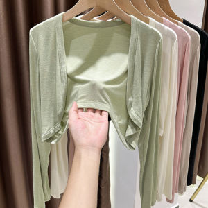เสื้อคลุมกันแดดผ้าไหมน้ำแข็งบางพิเศษสำหรับผู้หญิง เสื้อคลุมกันหนาวแบบสวมแขนยาวสไตล์เกาหลี ผ้าฝ้ายผสมน้ำหนักเบา ทรงเข้ารูป