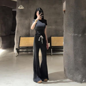 Slimming High Waist Floor-Length Casual Pants Womens Set Original Model Summer 2025 Fashion Ensemble Long Pants Short Sleeve round Neck
