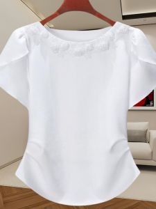 Casual Womens Short Sleeve T-Shirt Solid Color Embroidered Fashion Slim Fit Loose Shirt for Summer 2024