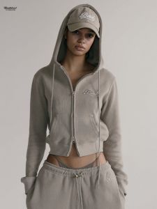 Badblood Zipper Hoodie Womens Short Sleeve Long Zipper Embroidered Logo Hooded Jacket American Retro Style Spicy Girl Cotton Polyester Blend