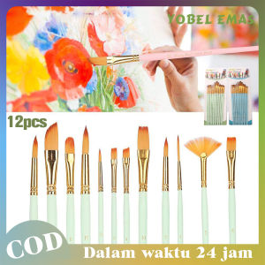 Isi 12/Set Kuas Cat Air Professional Nylon Hair Paint Brush Watercolor Acrylic Wooden Handle Painting Brushes Art Supplies