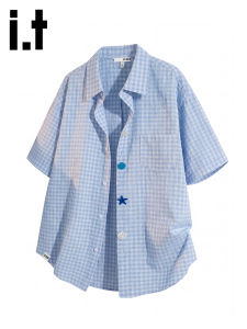 izzue | Fashion Casual Plaid Short Sleeve Shirt Thin Summer Loosely Designed