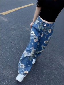 Quần Jeans Ống Rộng Dáng Rộng in Hình Cổ Điển Phong Cách Mỹ Cho Nữ Mùa Hè 2025 Quần Ống Rộng Dài Đến Sàn Thẳng Thường Ngày