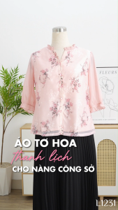Áo kiểu thiết kế dịu dàng nữ tính chất liệu Tơ Hoa cao cấp với hiệu ứng ánh nhẹ và họa tiết in hoa chìm nổi tinh tế AN4L1231 Thời trang Thiều Hoa
