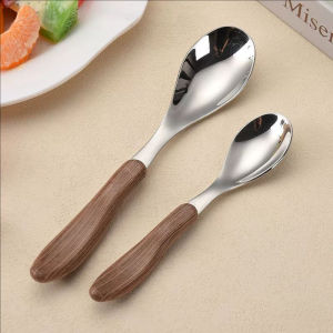 Polocat Stainless Steel Spoon Imitation Wood Grain Handle Children Dining Spoon Korean-style Spoon Dessert Spoon