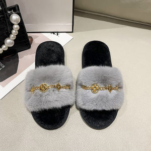 รองเท้าแตะส้นแบนโลหะสำหรับผู้หญิง สไตล์ใหม่ รองเท้าแตะขนหนา รองเท้าแตะแบบมีสายหนาสำหรับใส่ในบ้าน ฤดูใบไม้ร่วง/ฤดูหนาว รองเท้าแตะพื้นแบนสำหรับใส่ในบ้าน