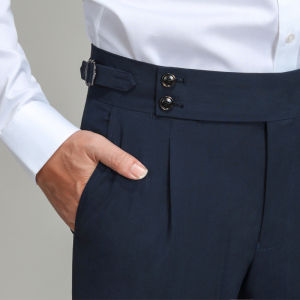 Business Casual Men Trousers Slim Fit High Waist Blue Straight Tube