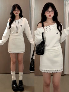 SHULINMEI | White Shoulder Bared Sweatshirt Dress Women Early Autumn 2025 New Polka Dot Splicing Design Short Skirt Set Sweet Style A-Line Skirt