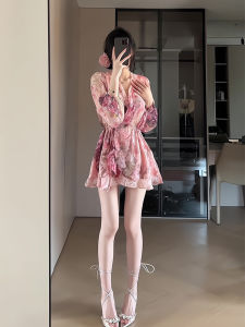 French Style V-Neck Floral Print Loose Waist Dress Womens Summer Belted Short Skirt Bubble Sleeve Long Sleeve Pure Desire