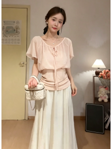 YUEZHONGWEI | French Ruffle Hem Layered Design Pink Short Sleeve T-Shirt