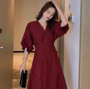French Style Orange V-neck Puffy Sleeve Dress Womens Spring Summer New Elegant High-end Waist-cinching Long Dress Tea Break