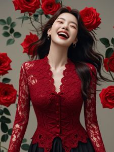 แฟชั่นแขนยาวคอวีเสื้อลูกไม้ผู้หญิง 2025 ใหม่ลูกไม้เอวแสงหรูหราระดับไฮเอนด์แฟชั่นต่างประเทศเสื้อคอวี