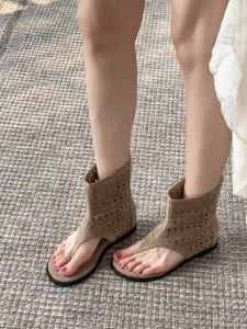 CAIZINI | Laced Toe Rear Zip Internal Heel Increase Sheepskin Perforated Sandal Boots