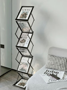 Foldable Floor-standing Vintage Magazine Rack Display Stand Silver Foil Master Design Artistic Style Aluminum Alloy Bookshelf