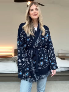 Elegant Print Tassel Cardigan Women Belt V-neck Long Sleeve Loose Knitted Sweaters Female 2025 Autumn Winter Chic Knitwears Lady