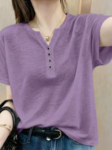 V.C.I | Purple Bamboo Cotton Plus Size V-Neck Buttoned Short Sleeve Fashion Womens Top