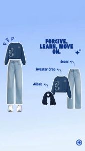 One Set 3in1 Wanita Kekinian: Sweater Crop Wanita & Celana Jeans Highwaist & Kerudung Segi Empat Anti Kusut