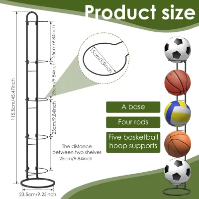 5 Layers Basketball Storage Rack Metal Vertical Football Volleyball Basketball Holder Indoor Outdoor Portable Ball Stand
