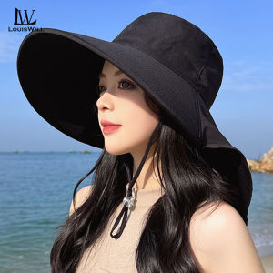 LouisWill ผ้าคลุมไหล่ขนาดใหญ่ผิวสีพีชหมวกแก๊ปของผู้หญิงหมวกชายหาดหมวกกันแดดหมวกกันแดดลำลองแบบพกพาหมวกชาวประมงใหญ่หมวกหมวกป้องกันแสงแดด UV สำหรับท่องเที่ยวกลางแจ้งฤดูร้อน
