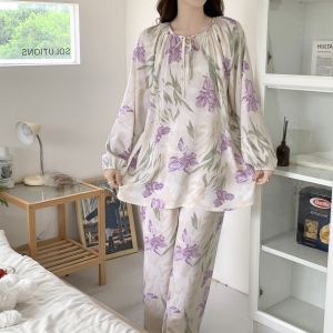 2024 ใหม่ ผู้หญิง ผ้าฝ้าย ผ้าไหม ชุดนอน แขนยาวเสื้อผ้าบ้านขนาดใหญ่outerwearชุดนอนชุดสองชิ้น ฤดูใบไม้ผลิ ฤดูร้อน