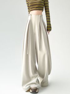 Burgundy Belted Wide Leg Pants Womens Autumn New High Waist Loose Drapey Feel Female Style Polyester Fiber 100% Commute Trend