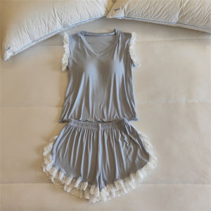 Mùa Hè Mỏng Modal Nữ Bộ Váy Ngủ Một Mảnh Có Miếng Lót Ngực Cộc Tay Không Tay Ren Cắt Tỉa Quần Áo Gia Đình 3 Mảnh Áo Ba Lỗ