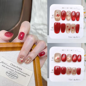 10Pcs French Style Red Cat Eyes Gilded Peach Blossom Gentle and Elegant Fake Nails Temperament Press on Nails Nail Stickers
