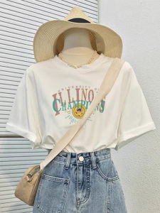 Loose Fit round Neck Short Sleeve T-Shirt Womens Korean Style Summer New White Shoulder Top Comfortable Cotton Blend Tee