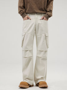 กางเกงทำงานทรงหลวมสไตล์อเมริกันย้อนยุคสีขาวเทา กางเกงขายาวทรงตรงสำหรับผู้ชายและผู้หญิง กางเกงขายาวทรงตรงแบบลำลอง